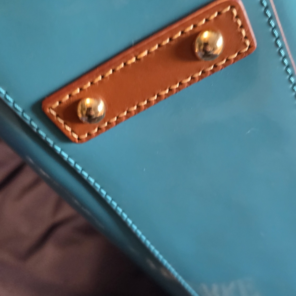 Dooney & Bourke Teal Patent Leather Tote with Tan Trim - Picture 3 of 8